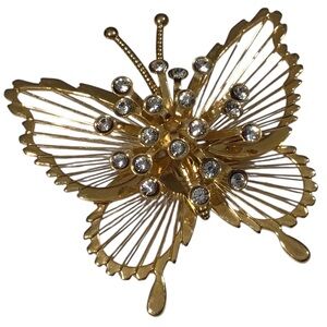 Monet Openwork Butterfly Brooch Gold Tone Clear Rhinestones Vintage